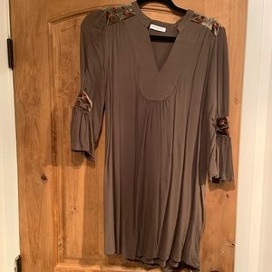 Dress, velvet embroidered/beaded sleeves.